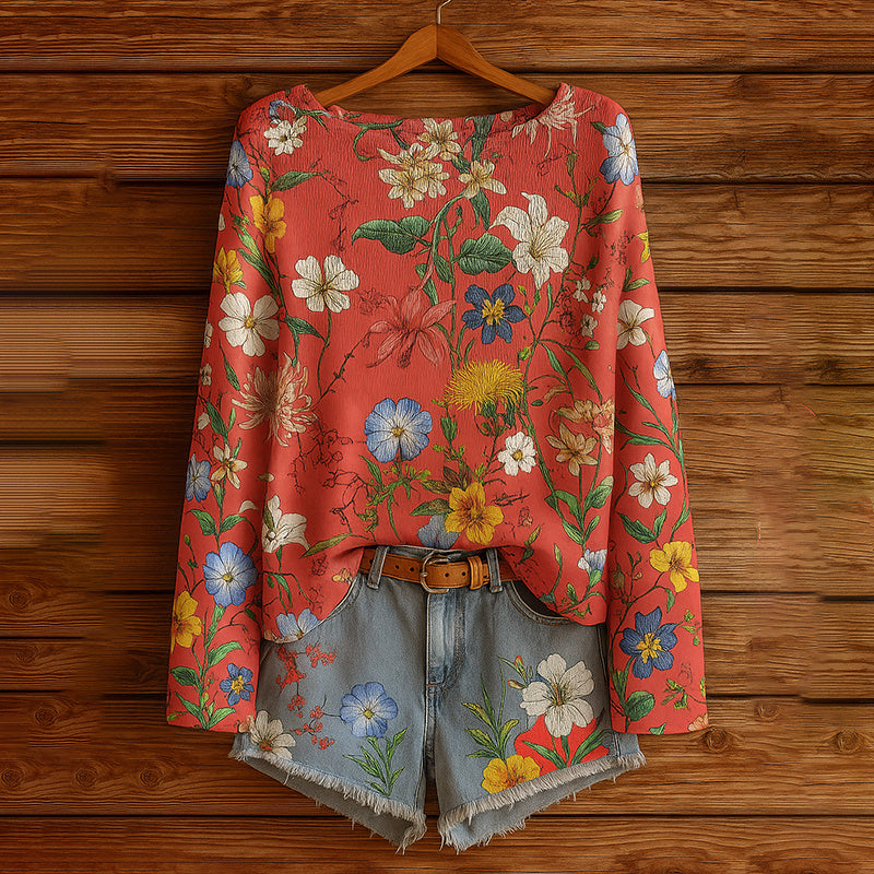 Women's Fall Wildflower Print Long Sleeve T-Shirt, Boho Cottagecore Floral Pullover Top, Casual Autumn Graphic Blouse CJ US