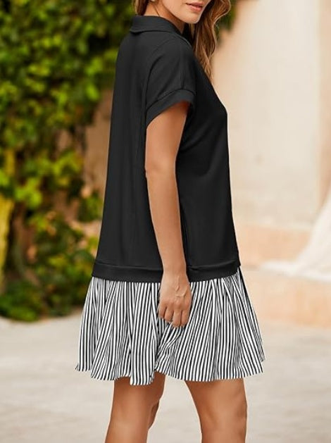 Fisoew Striped Patchwork Polo V‑Neck Mini Dress with Pockets CJ US