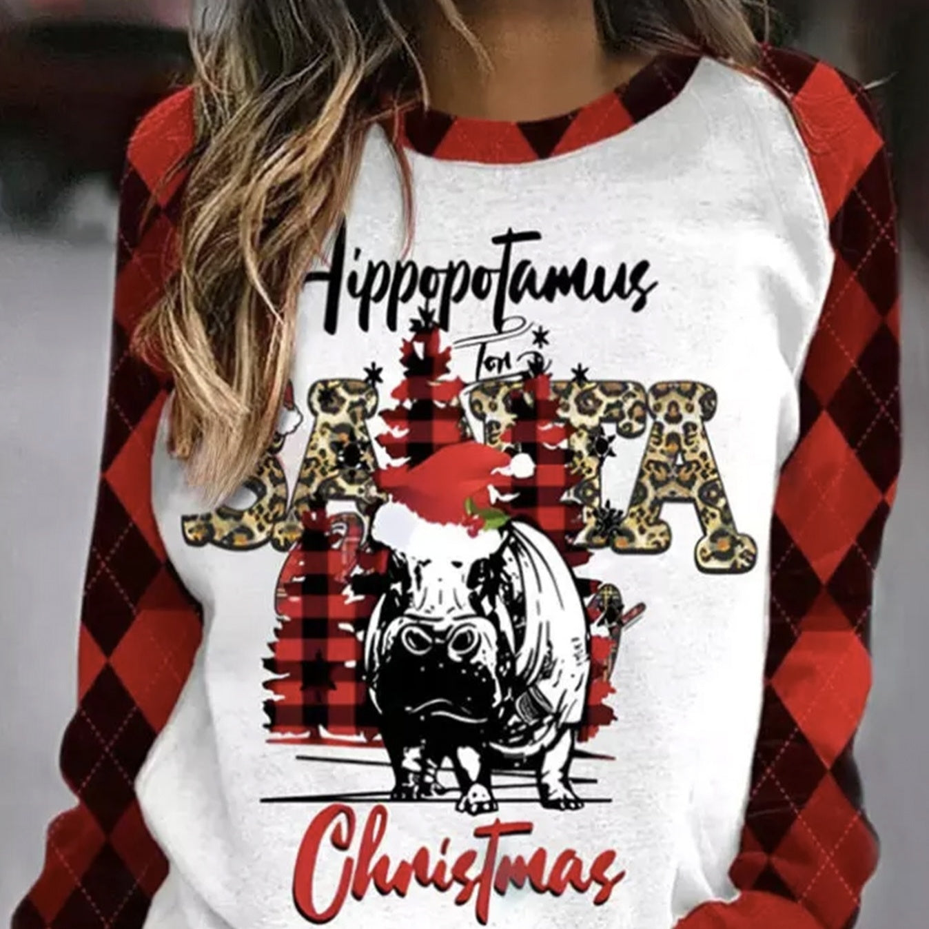 Women’s Hippopotamus Christmas Leopard-Plaid Hoodie CJ US