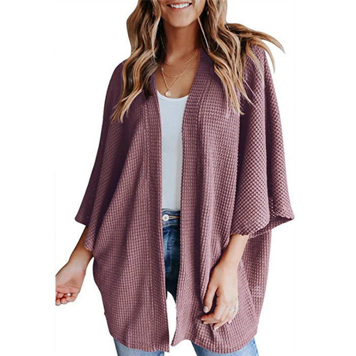 Women’s Bat Sleeve Knit Cardigan – Waffle Texture Open Front Sweater CJ US