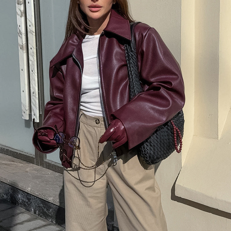 Vintage Style Women's Solid Color Faux Leather Jacket, Zip-Up Biker Jacket With Lapel Collar Casual Coat CJ US