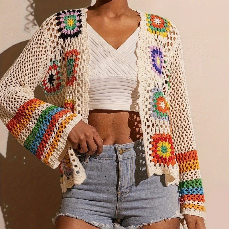 Women's Elegant Crochet Cardigan - Long Sleeve Open Front Vibrant Color Block Coat CJ
