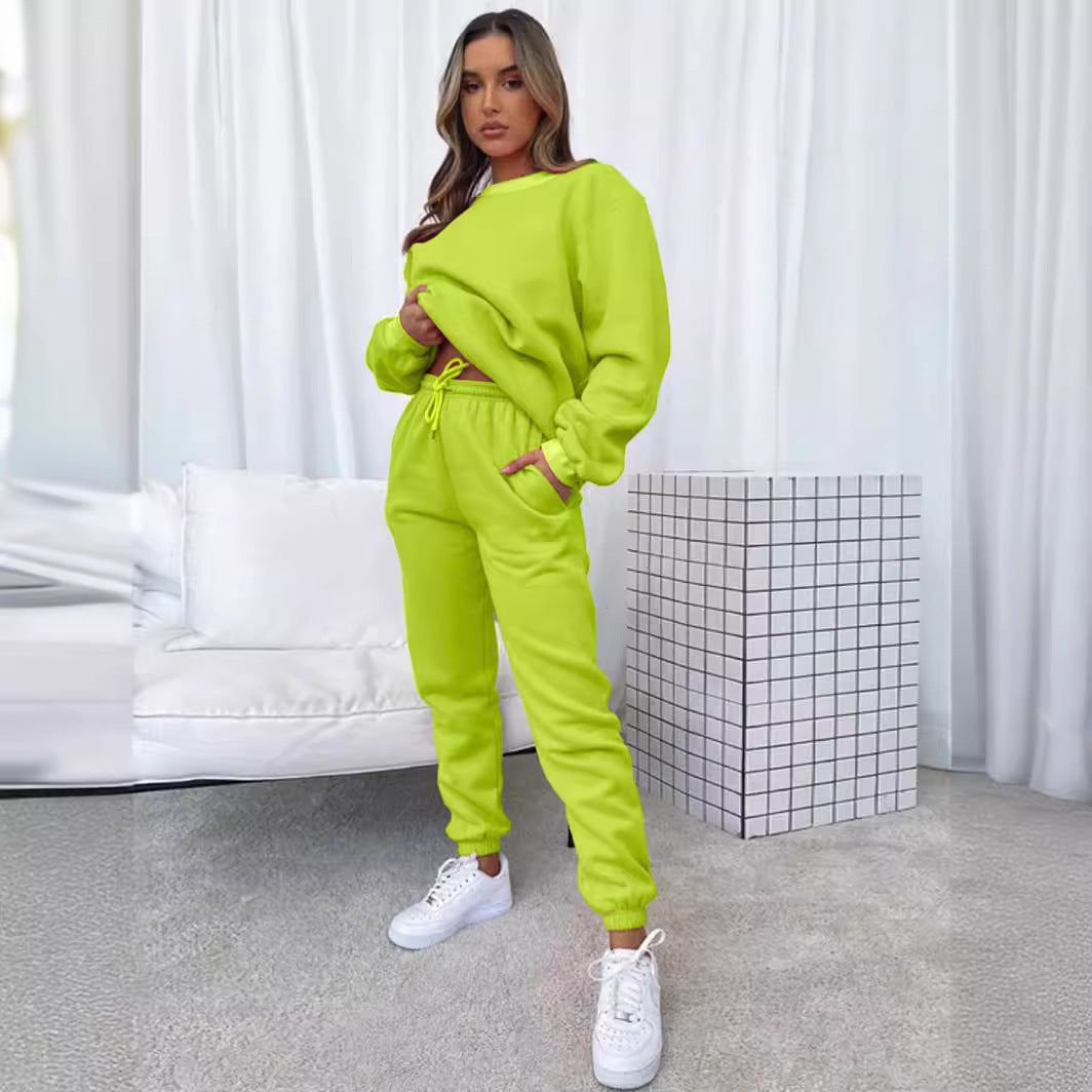 👚 Women's Solid Color Round Neck Pullover Sweatshirt & Pants Set FitiqueFit