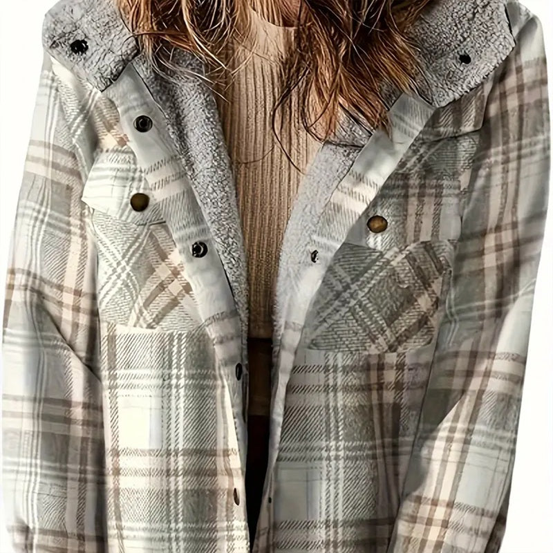 Women's Plaid Button-Up Long Sleeve Jacket Fall Winter  Flap Button Pocket Design Casual Hooded Fleece-Lined Warm Coat CJ US