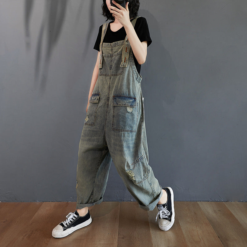 Women's Summer Retro Nostalgic Ripped Denim Overalls CJ US