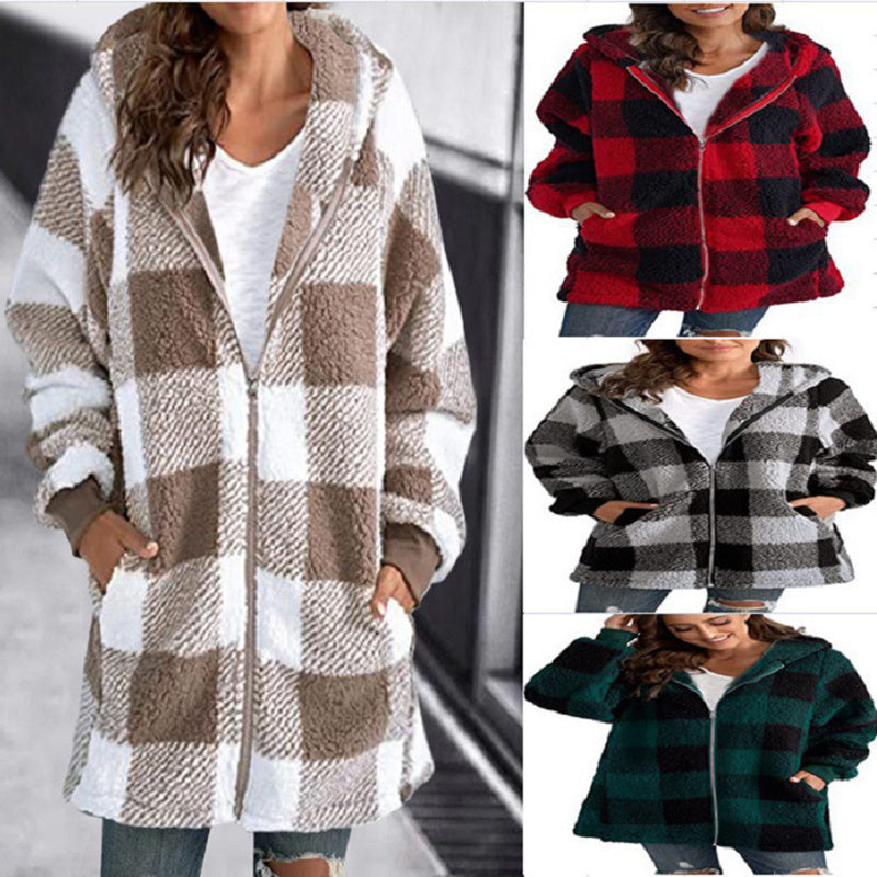 Women's Plaid Hooded Jacket, Long Sleeve Zip Up Oversized Coat With Pockets For Winter Casual And Commute CJ US