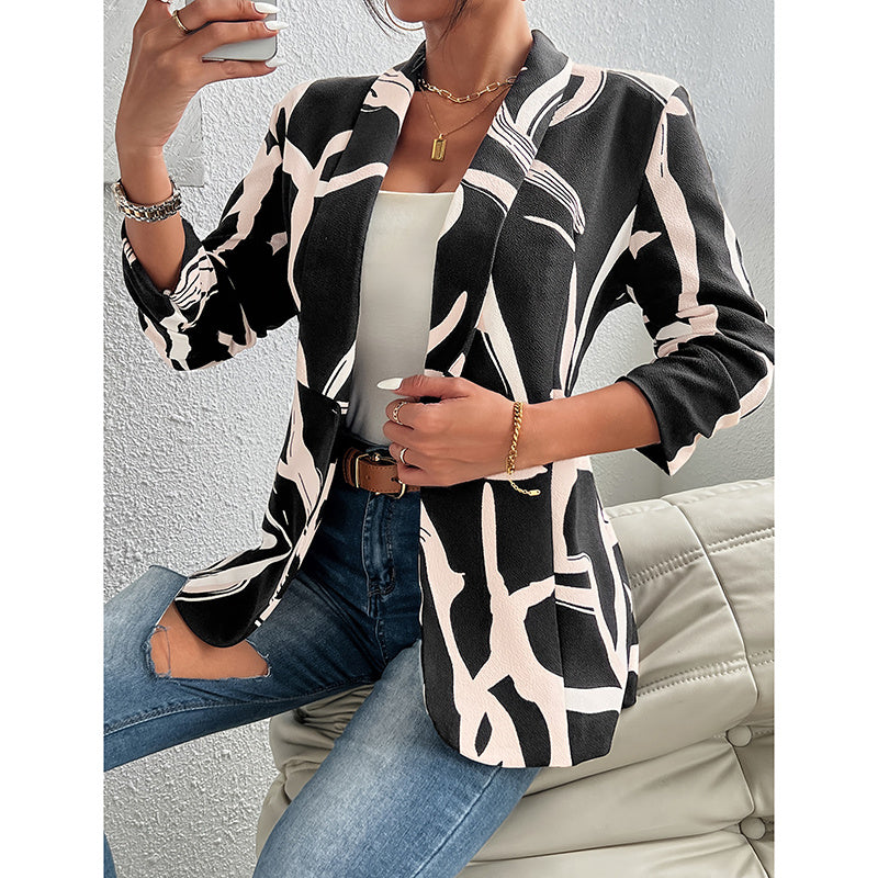 Women's Abstract Print Blazer Button Front Lapel Long Sleeve Office Blazer Elegant Work Jacket For Women CJ US