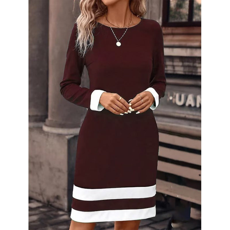 New Fashion Fitted Color-block Long-sleeve Dress With Round Neckline CJ US