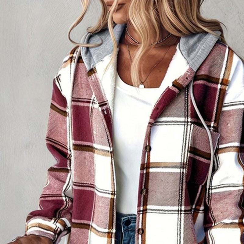 Women's Plaid Hoodie Long Sleeve Jacket Button Drawstring Casual Fall Shirts Shacket With Pocket CJ US