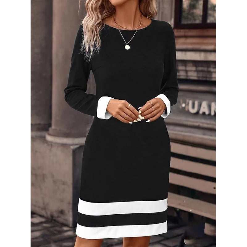 New Fashion Fitted Color-block Long-sleeve Dress With Round Neckline CJ US