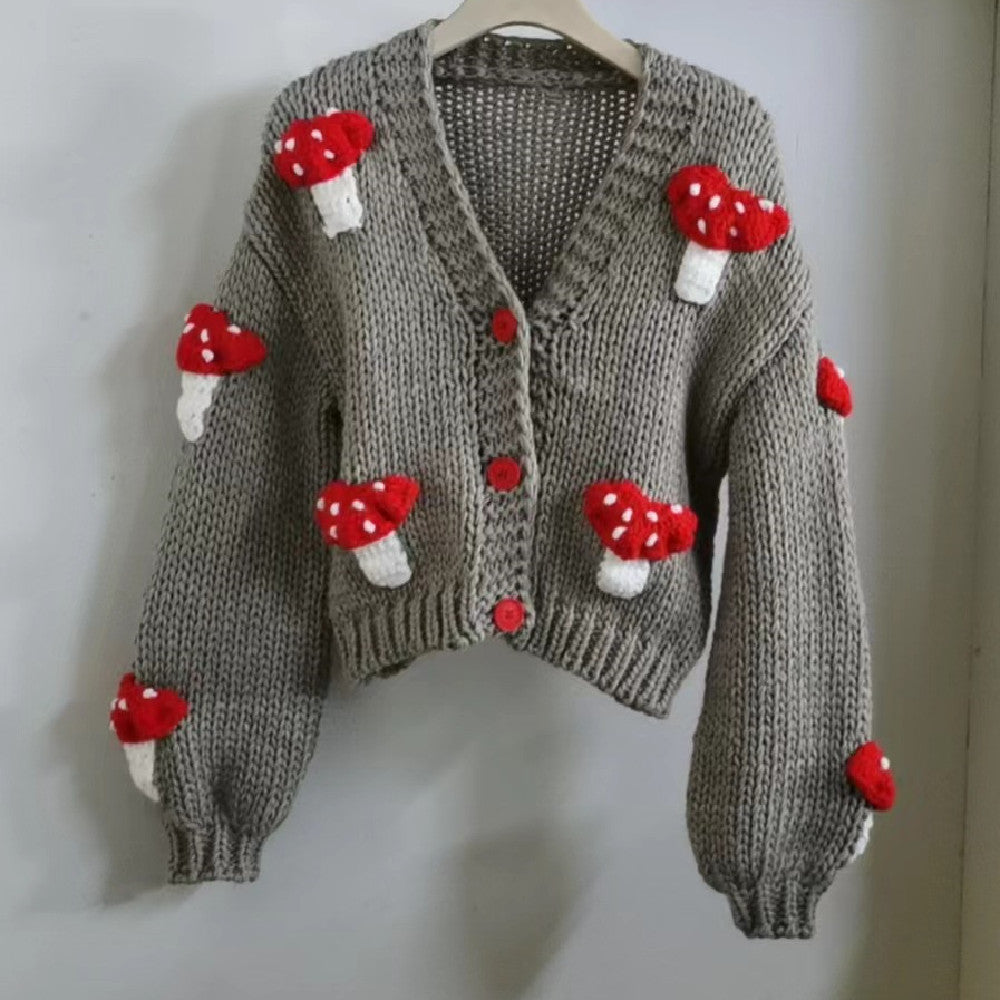 Loose Sweet Tridimensional Mushroom Crochet Short Sweater Cardigan CJ