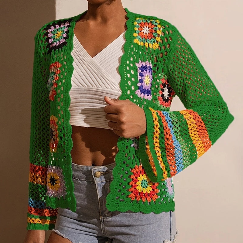 Women's Elegant Crochet Cardigan - Long Sleeve Open Front Vibrant Color Block Coat CJ US