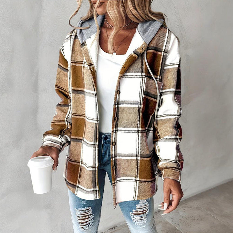 Women's Plaid Hoodie Long Sleeve Jacket Button Drawstring Casual Fall Shirts Shacket With Pocket CJ US