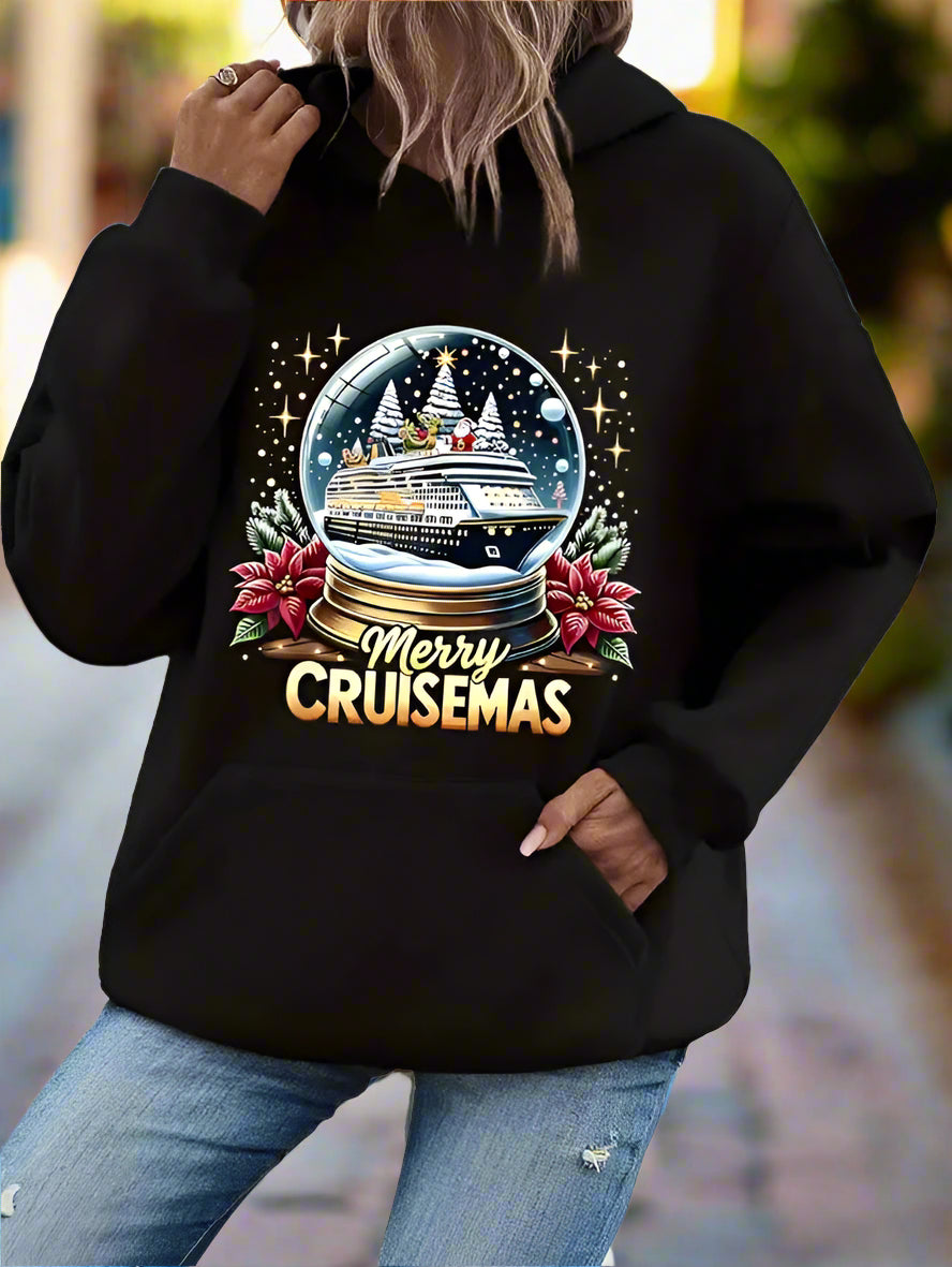 Women'S Casual Hooded Sweatshirt With Christmas Cruise Snow Globe Print, Long Sleeve With Kangaroo Pocket For All Seasons CJ US