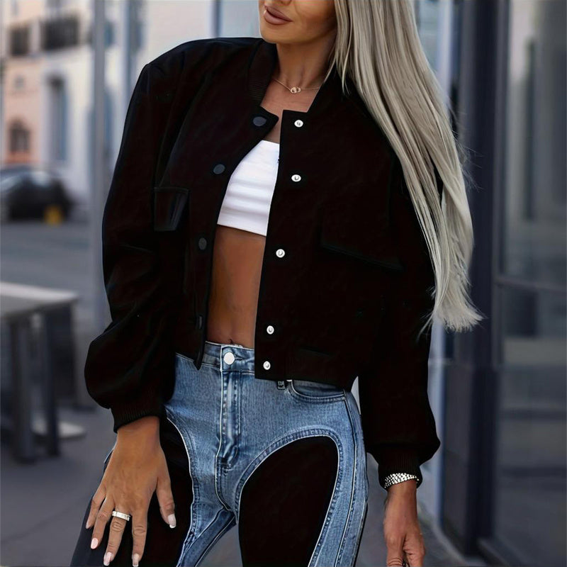 Women's Solid Color Long Sleeve Baseball Jacket With Button Front & Pockets - Casual Short Jacket For Spring&Fall Diversi Fashion™