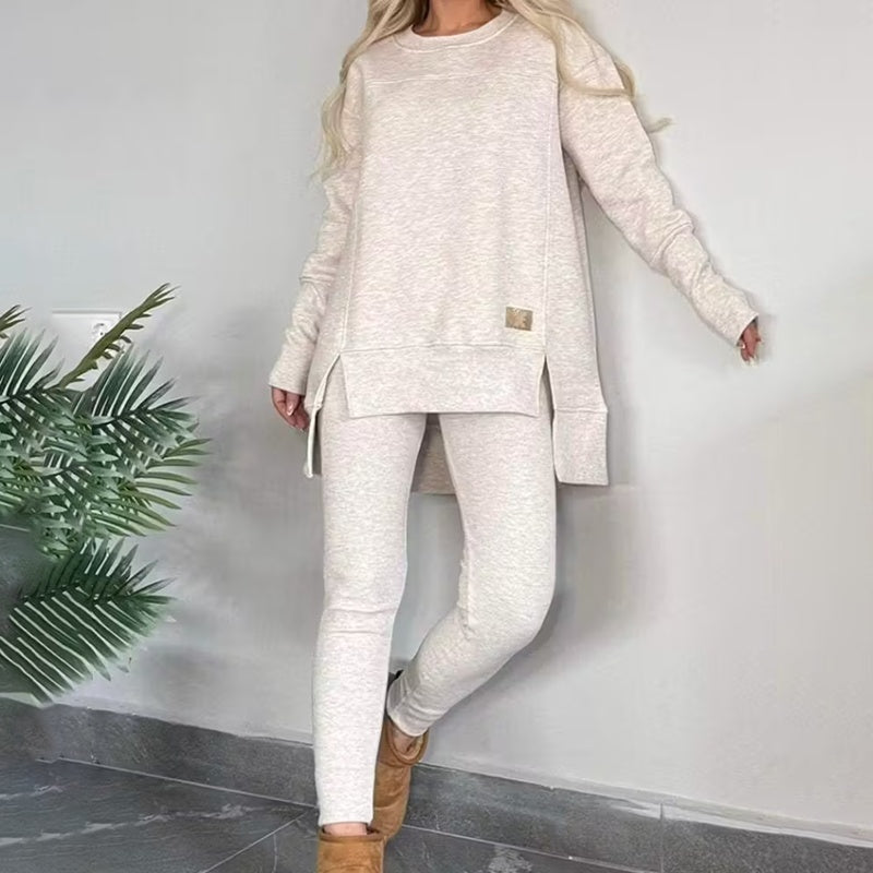 Women's 2-Piece Lounge Set, Casual Long Sleeve Side Slit Sweatshirt Outfit With Stretchy High Waist Leggings CJ US