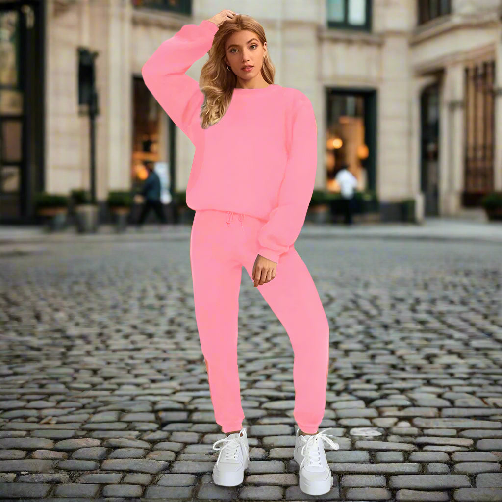 👚 Women's Solid Color Round Neck Pullover Sweatshirt & Pants Set FitiqueFit