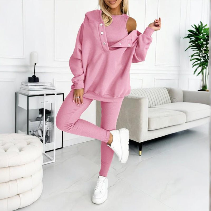 Women's Solid Color 3-Piece Set Sleeveless Vest & Hooded Button Placket Long Sleeve Sweatshirt & Slim Fit Pants Sporty Casual Outfit CJ US