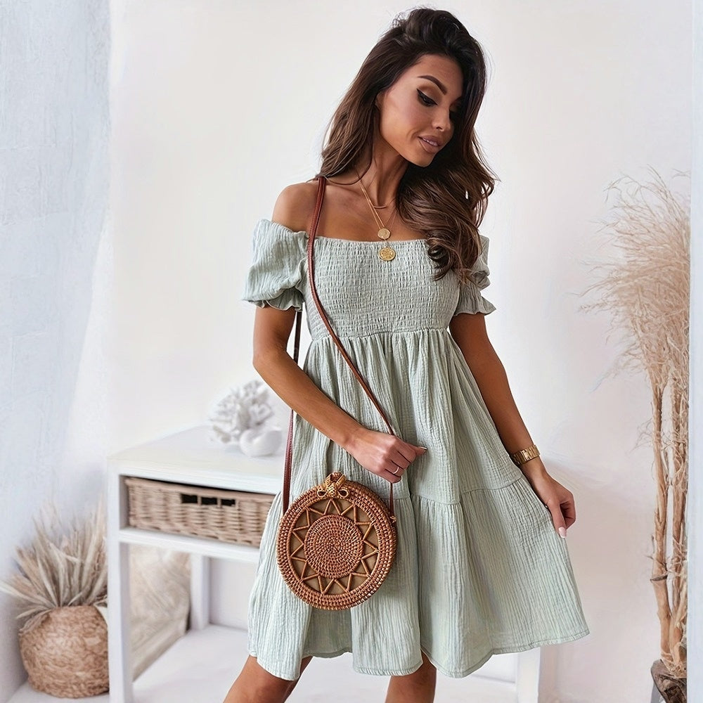 Casual One Word Collar Wrinkle Puff Sleeve Mid Dresses CJ US