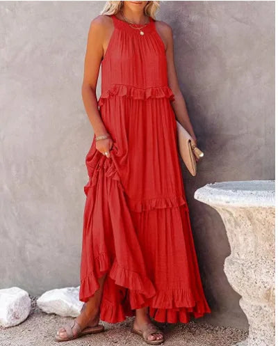 Elegant Women's Apricot Ruffle Edge Long Mop Floor Dresses Summer Fashion Hanging Neck Sleeveless Lace Cake Dress vestiods S-3XL FitiqueFit