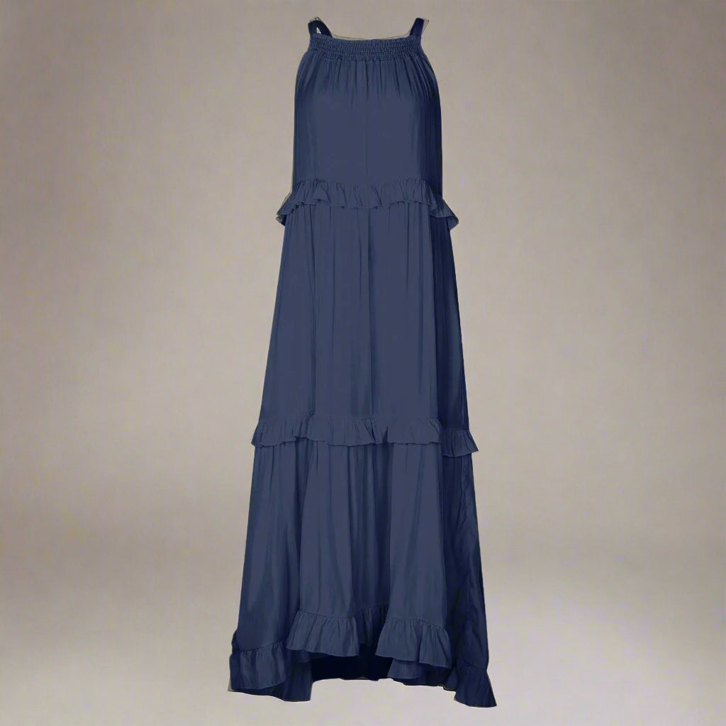 Elegant Women's Apricot Ruffle Edge Long Mop Floor Dresses Summer Fashion Hanging Neck Sleeveless Lace Cake Dress vestiods S-3XL FitiqueFit