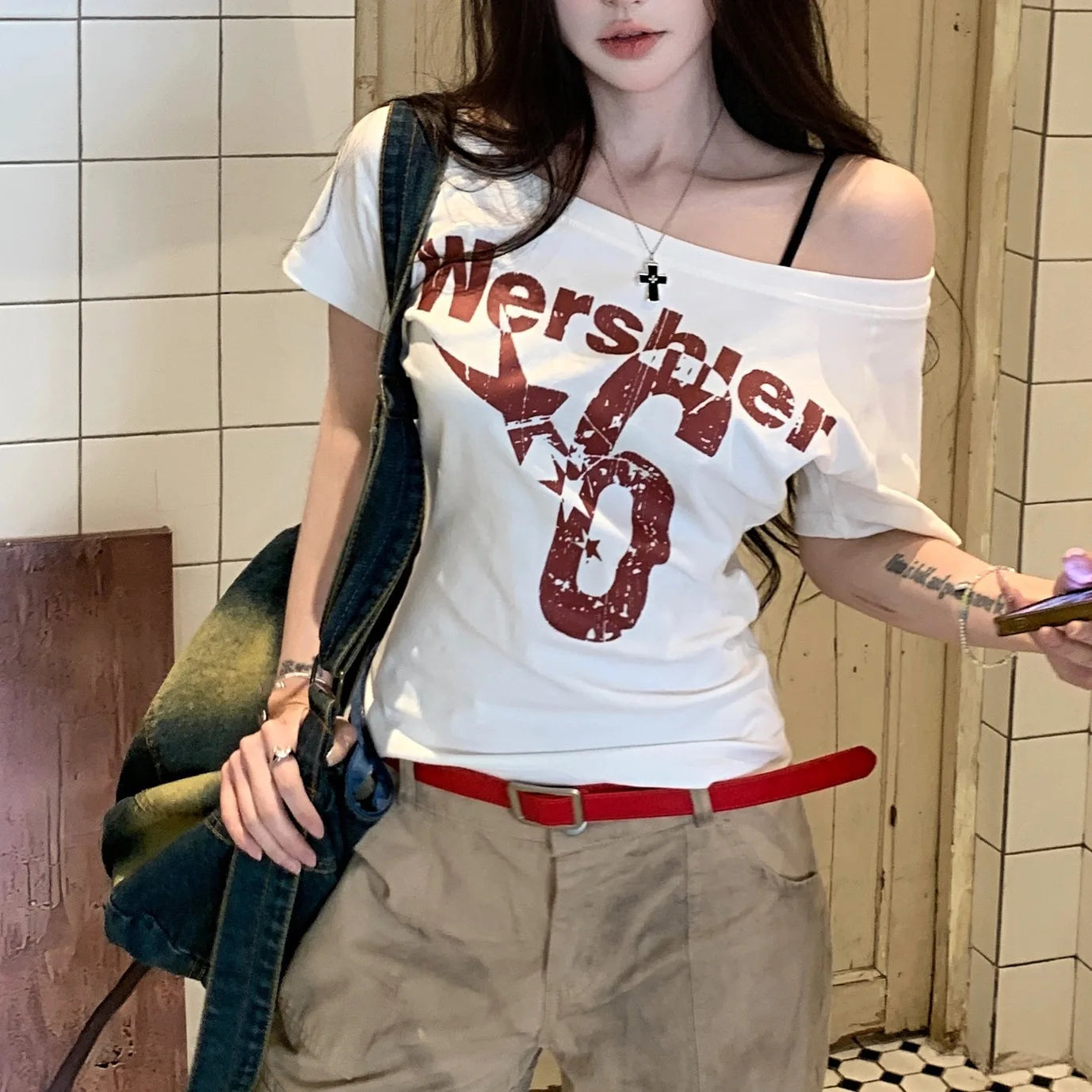 1pcs Summer Women Basic Model Letter Print T-Shirt Lady Short-Sleeved Skew Collar t-Shirt Female Street Style Sexy Slim Fit Tee FitiqueFit