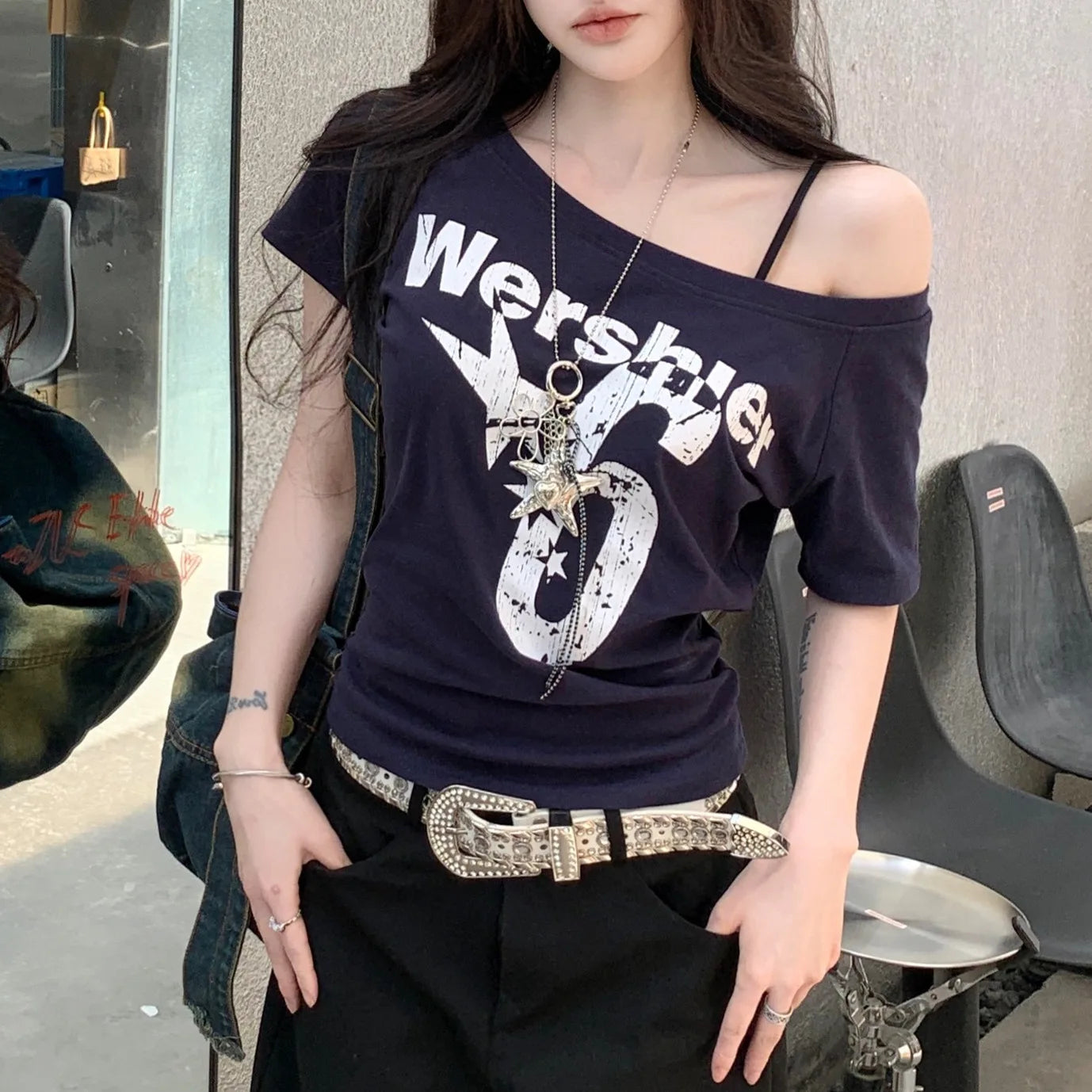 1pcs Summer Women Basic Model Letter Print T-Shirt Lady Short-Sleeved Skew Collar t-Shirt Female Street Style Sexy Slim Fit Tee FitiqueFit