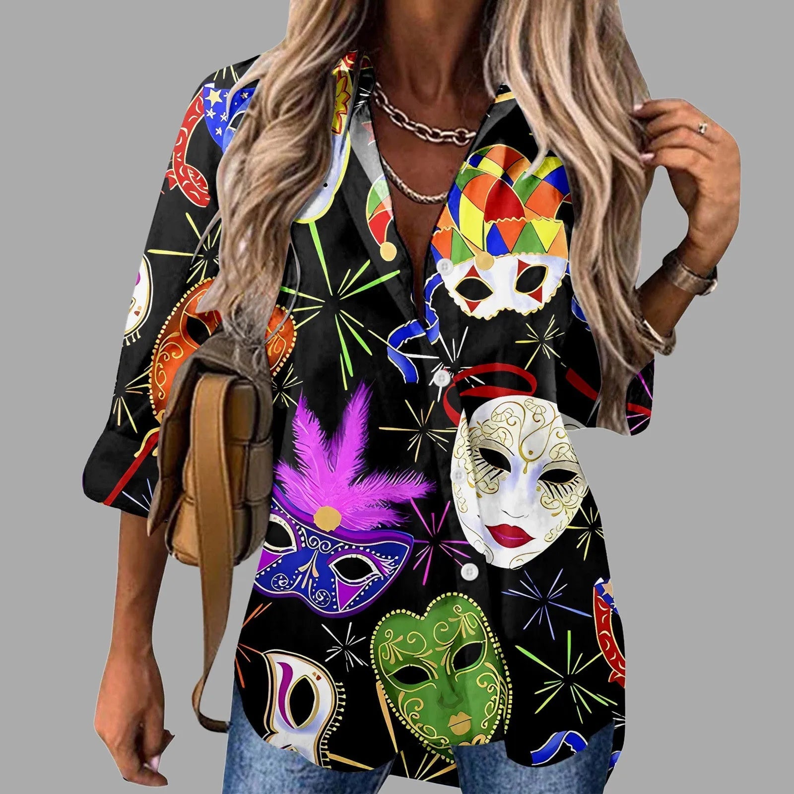 🎭 Mardi Gras Women's V-Neck Long Sleeve Carnival Print Shirt FitiqueFit