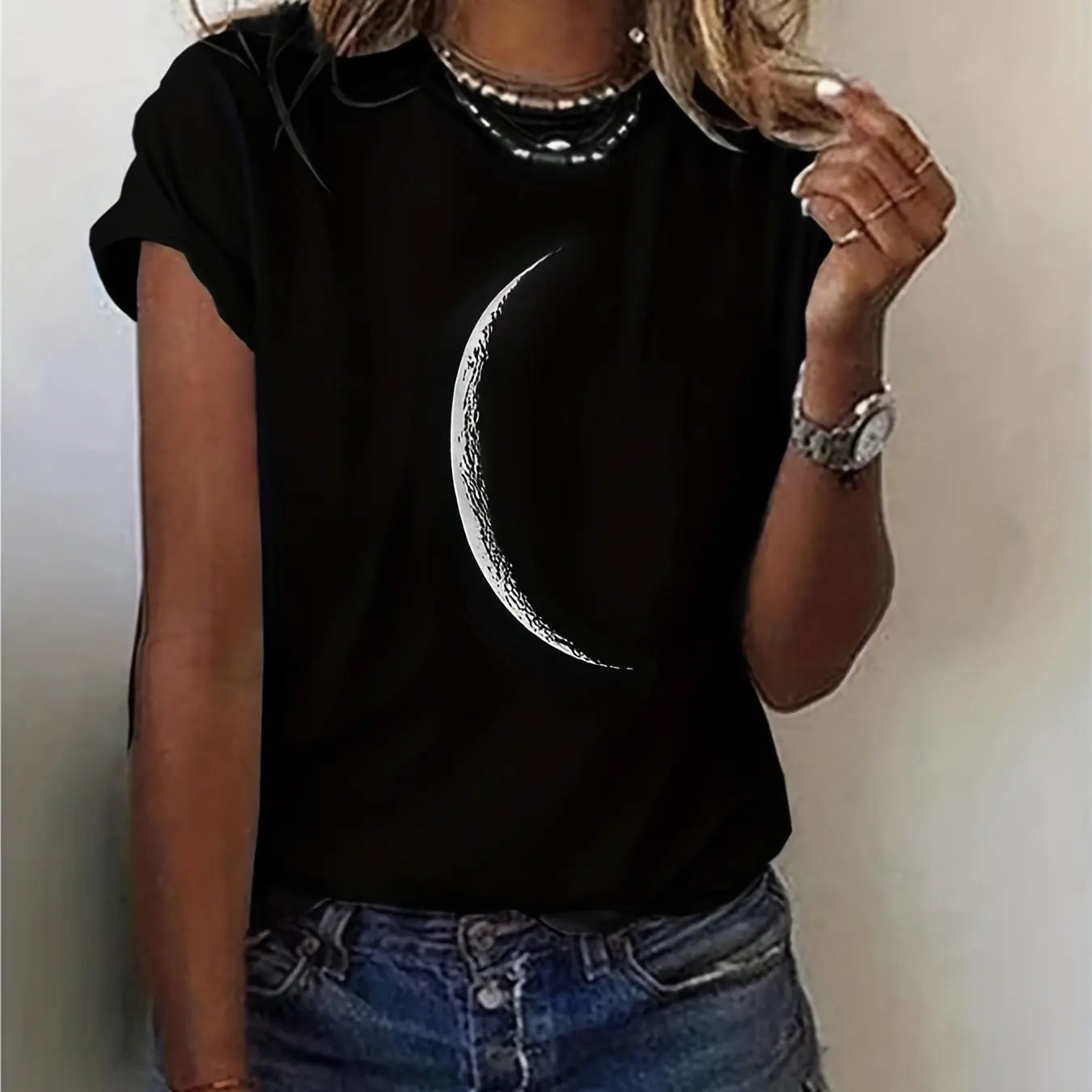 Moon Print Crew Neck T-Shirt FitiqueFit