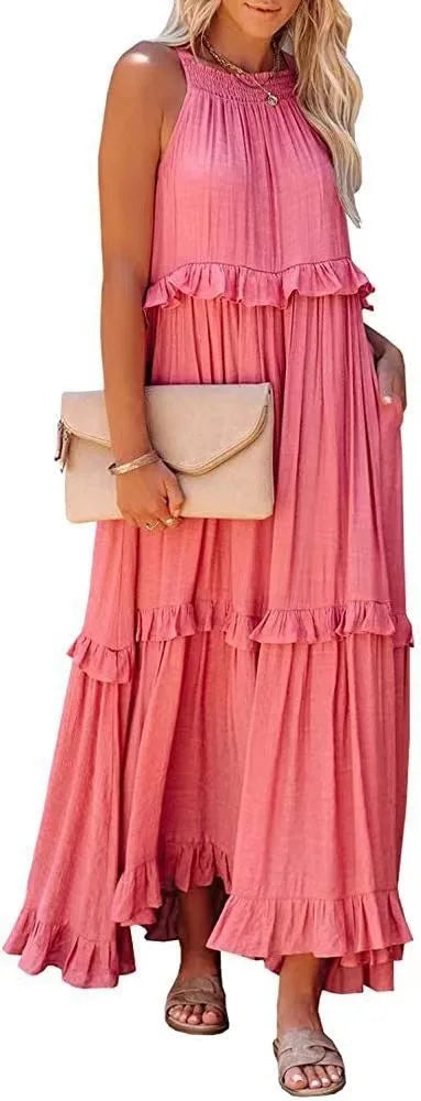 Elegant Women's Apricot Ruffle Edge Long Mop Floor Dresses Summer Fashion Hanging Neck Sleeveless Lace Cake Dress vestiods S-3XL FitiqueFit