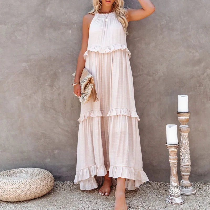Elegant Women's Apricot Ruffle Edge Long Mop Floor Dresses Summer Fashion Hanging Neck Sleeveless Lace Cake Dress vestiods S-3XL FitiqueFit