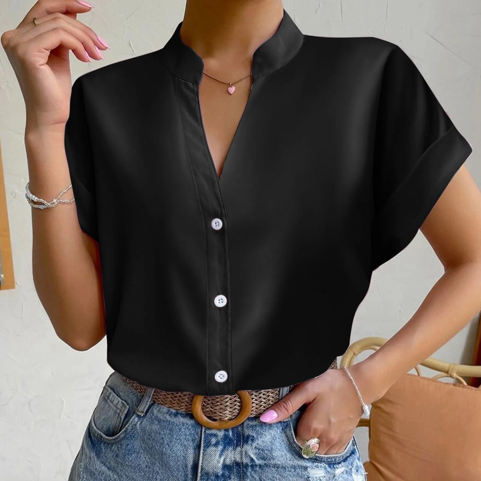 🧡 Summer Women's Satin V-Neck Short Sleeve Shirt – Elegant Casual Wear FitiqueFit
