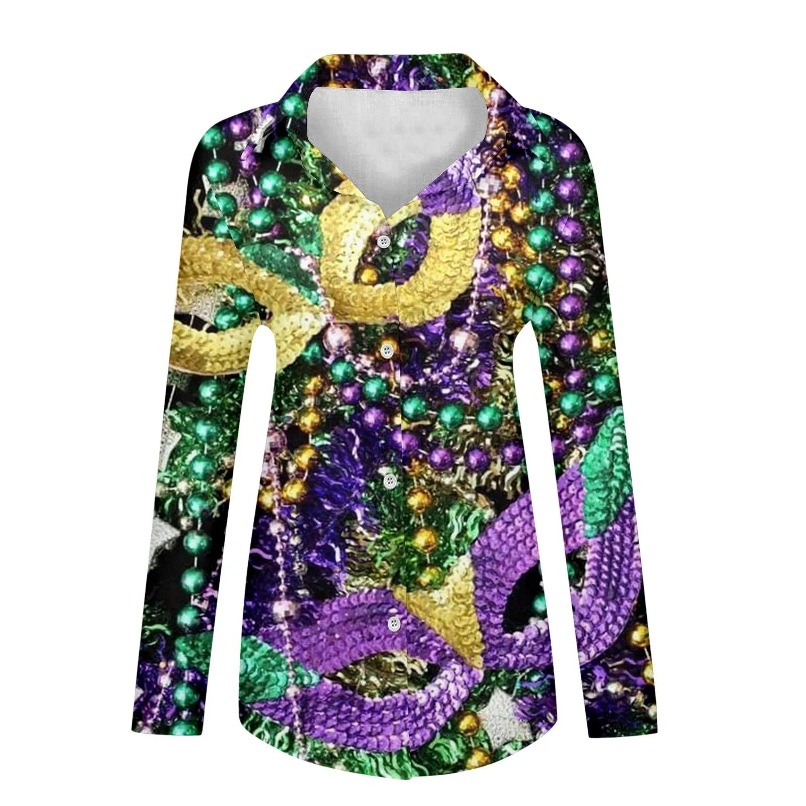 🎭 Mardi Gras Women's V-Neck Long Sleeve Carnival Print Shirt FitiqueFit
