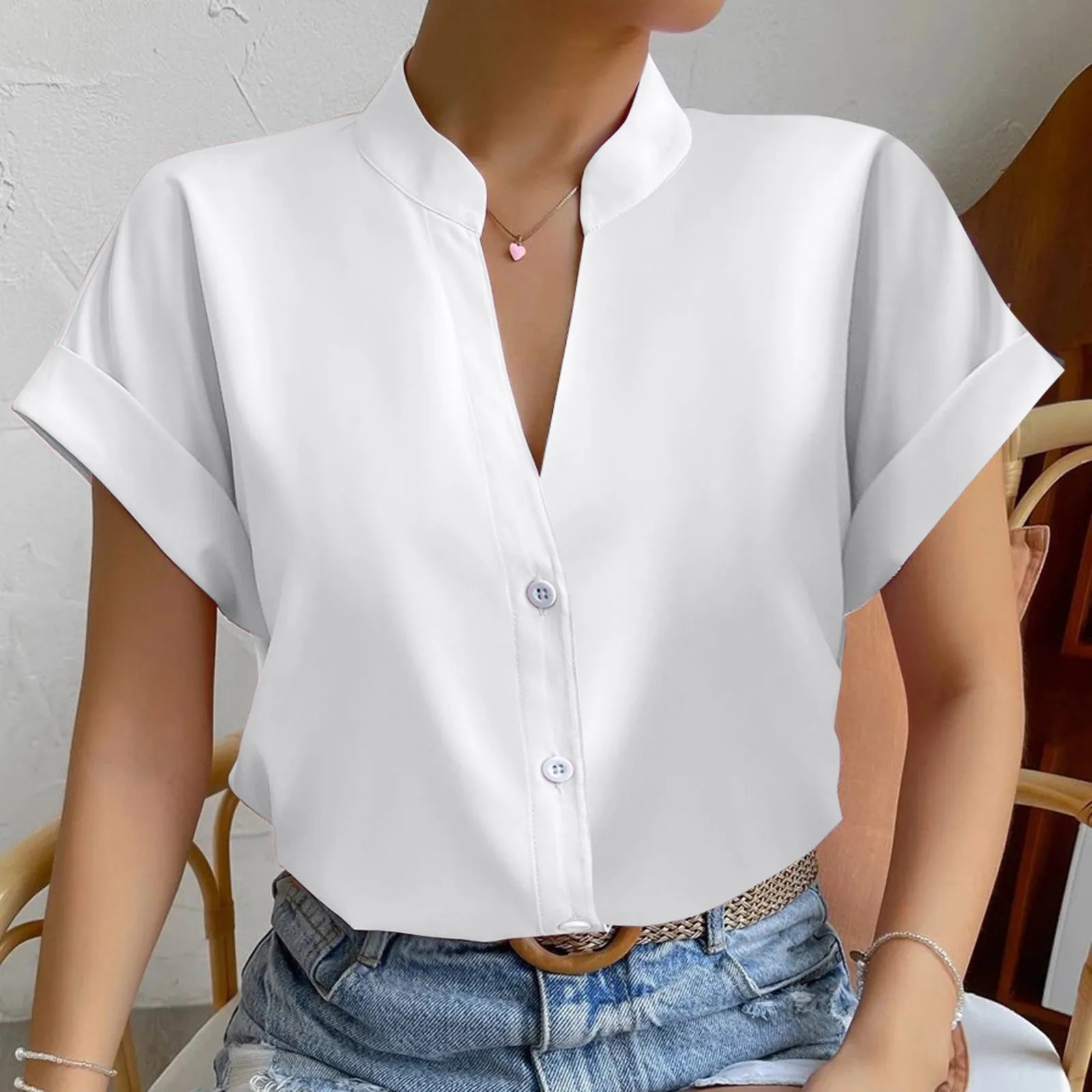 🧡 Summer Women's Satin V-Neck Short Sleeve Shirt – Elegant Casual Wear FitiqueFit