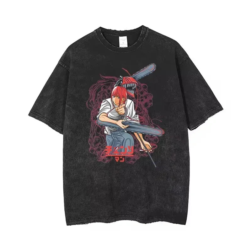 🪚 Chainsaw Man Acid-Washed Vintage Graphic T-Shirt – Harajuku Streetwear FitiqueFit