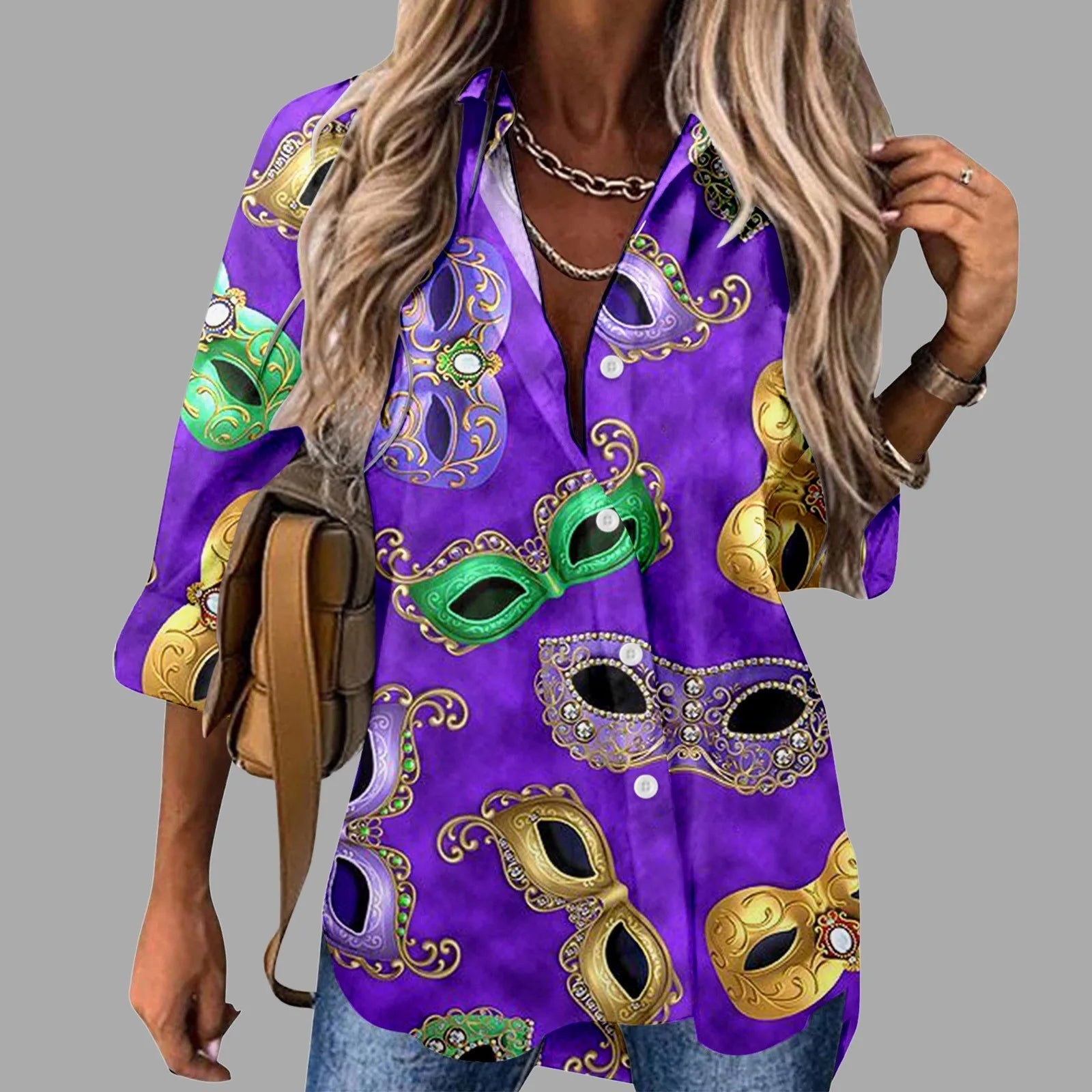 🎭 Mardi Gras Women's V-Neck Long Sleeve Carnival Print Shirt FitiqueFit