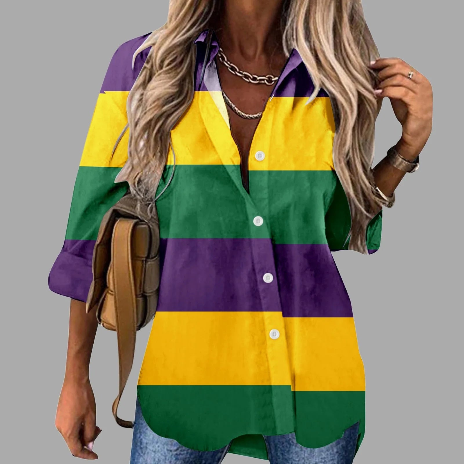 🎭 Mardi Gras Women's V-Neck Long Sleeve Carnival Print Shirt FitiqueFit