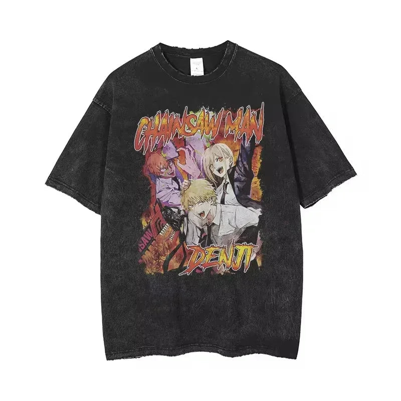 🪚 Chainsaw Man Acid-Washed Vintage Graphic T-Shirt – Harajuku Streetwear FitiqueFit