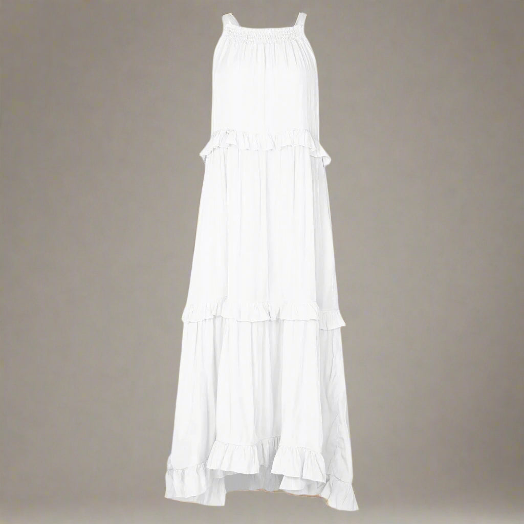 Elegant Women's Apricot Ruffle Edge Long Mop Floor Dresses Summer Fashion Hanging Neck Sleeveless Lace Cake Dress vestiods S-3XL FitiqueFit