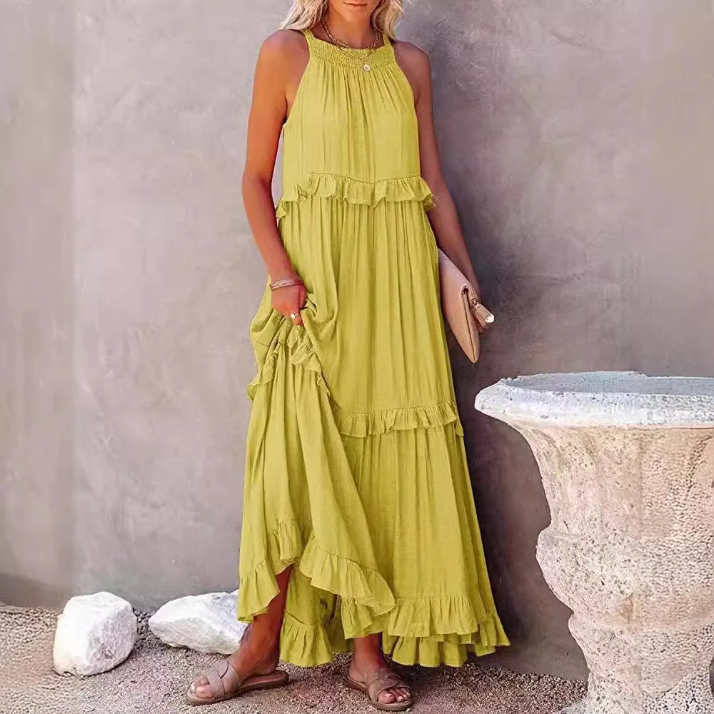 Elegant Women's Apricot Ruffle Edge Long Mop Floor Dresses Summer Fashion Hanging Neck Sleeveless Lace Cake Dress vestiods S-3XL FitiqueFit