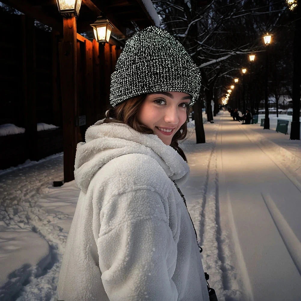 Unisex Winter Reflective Beanies High Visibility Noctilucent Reflective Knit Hat Glow In Dark for Winter Night Walks FitiqueFit