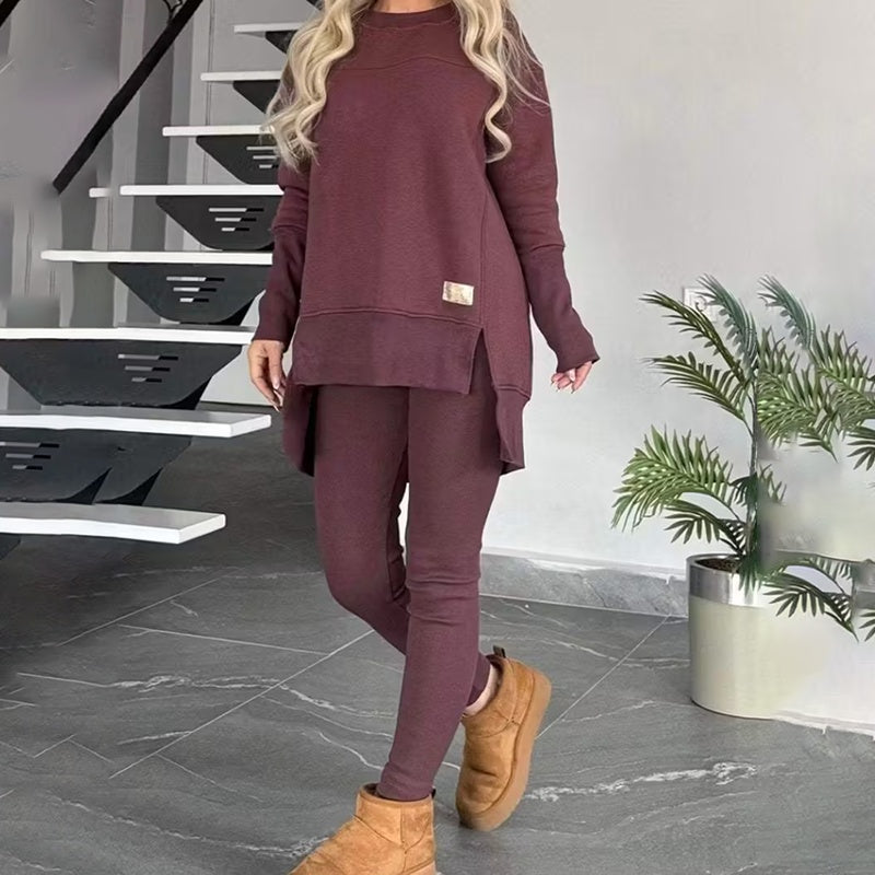 Women's 2-Piece Lounge Set, Casual Long Sleeve Side Slit Sweatshirt Outfit With Stretchy High Waist Leggings CJ US