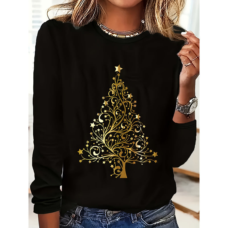 Women's Long Sleeve Merry Christmas T-Shirt, Cute Christmas Tree Graphic Tee, Funny Holiday Party Top CJ US