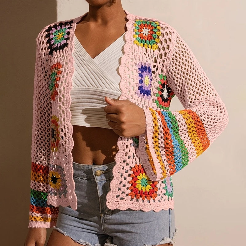 Women's Elegant Crochet Cardigan - Long Sleeve Open Front Vibrant Color Block Coat CJ US