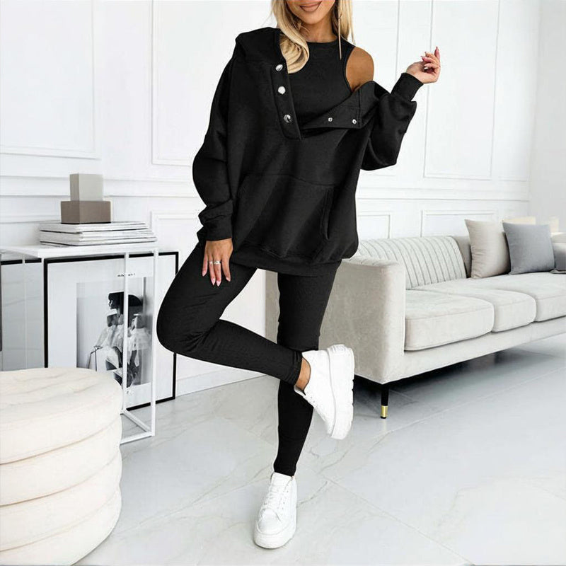 Women's Solid Color 3-Piece Set Sleeveless Vest & Hooded Button Placket Long Sleeve Sweatshirt & Slim Fit Pants Sporty Casual Outfit CJ US