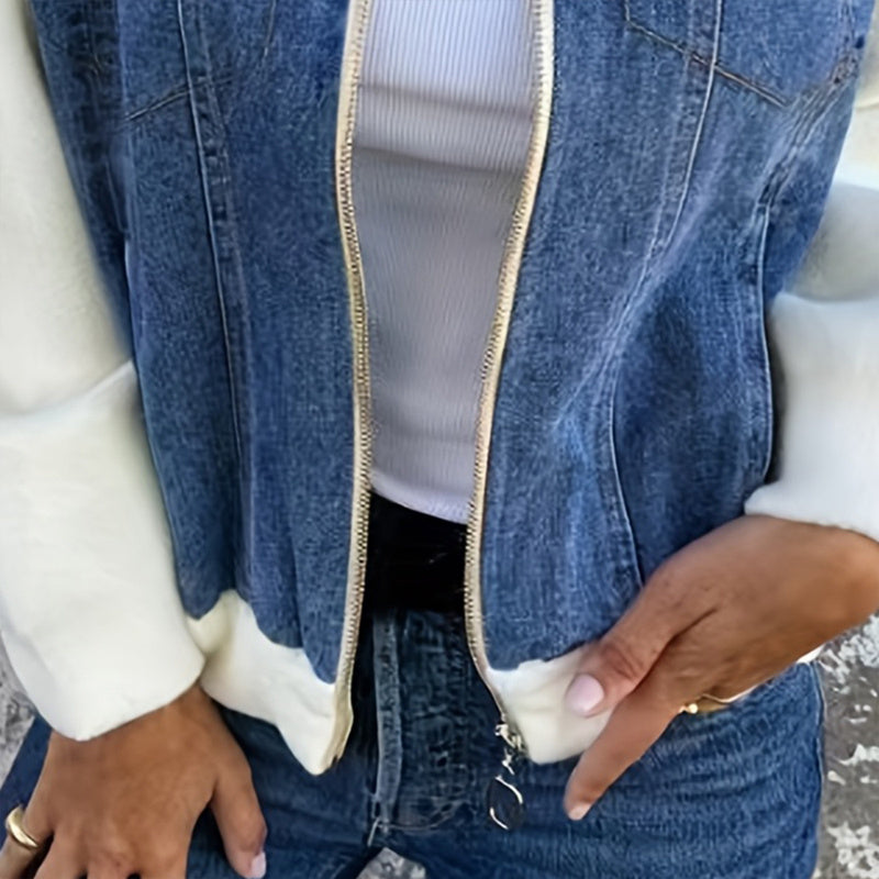 Women's Denim Patchwork Zip-Up Jacket Stand Collar Casual Coat With Button-Decorated Flap Pockets Fall Winter Fashion Outerwear CJ US