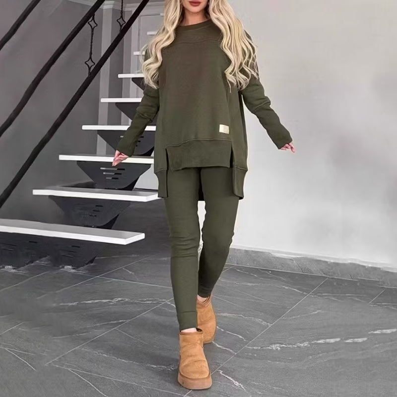 Women's 2-Piece Lounge Set, Casual Long Sleeve Side Slit Sweatshirt Outfit With Stretchy High Waist Leggings CJ US