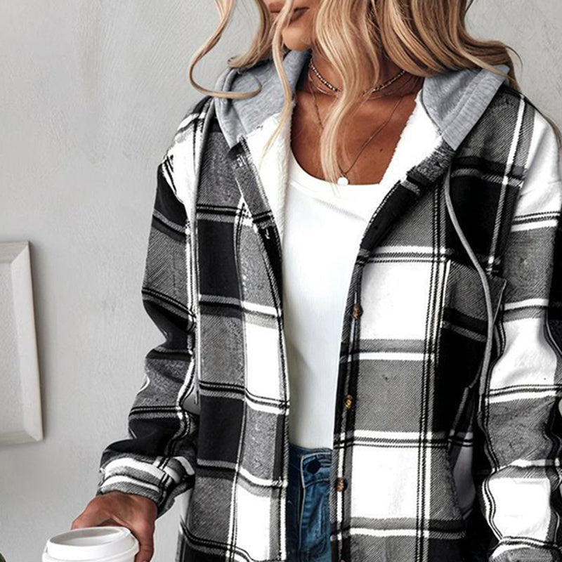 Women's Plaid Hoodie Long Sleeve Jacket Button Drawstring Casual Fall Shirts Shacket With Pocket CJ US