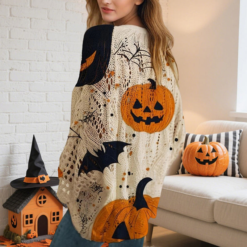 Women's Diamond Hollow Out Batwing Sleeve Top - Loose Fit Pumpkin Halloween Print Blouse For Spring Summer CJ US