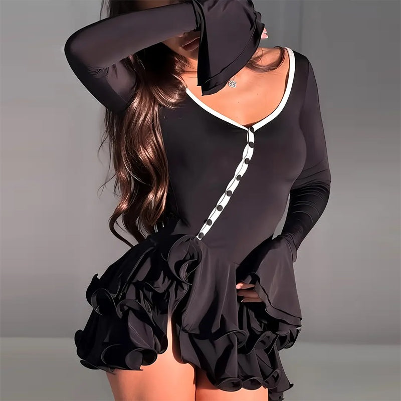 Women's Sexy Deep V-Neck Mini Dress With Flared Sleeves, Short Button Front Ruffle Hem Bodycon Dress CJ US